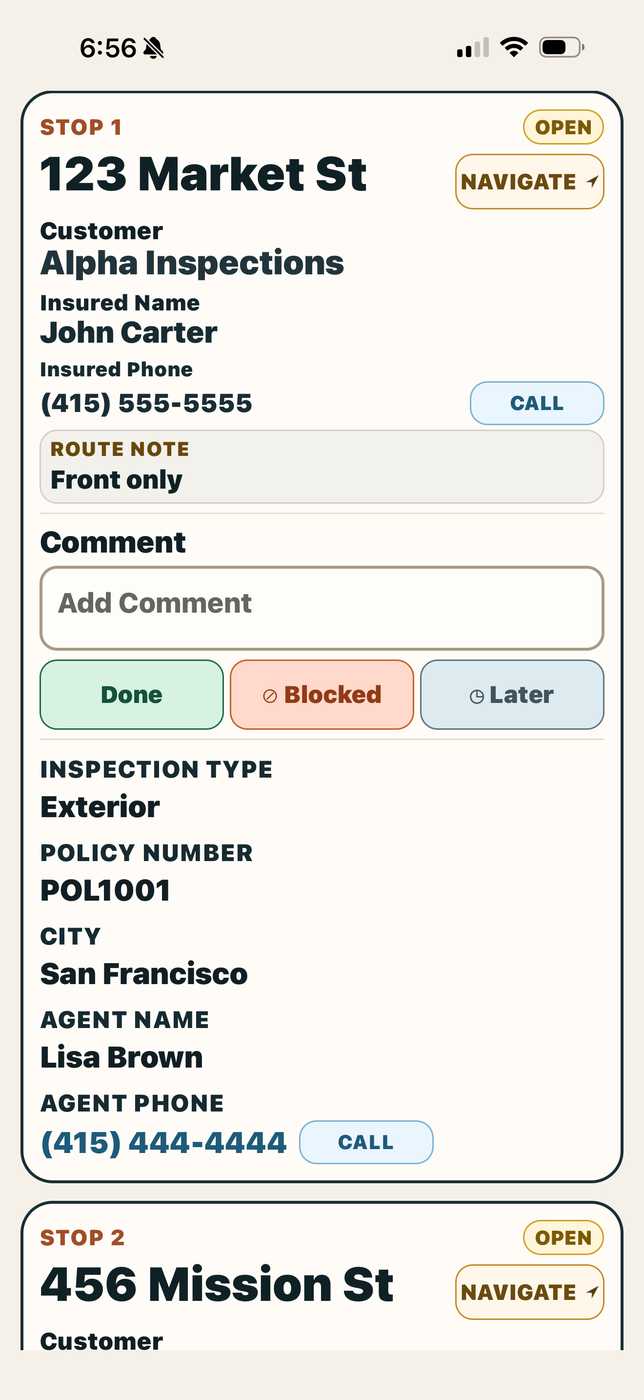 KleshRoute status buttons on stop card
