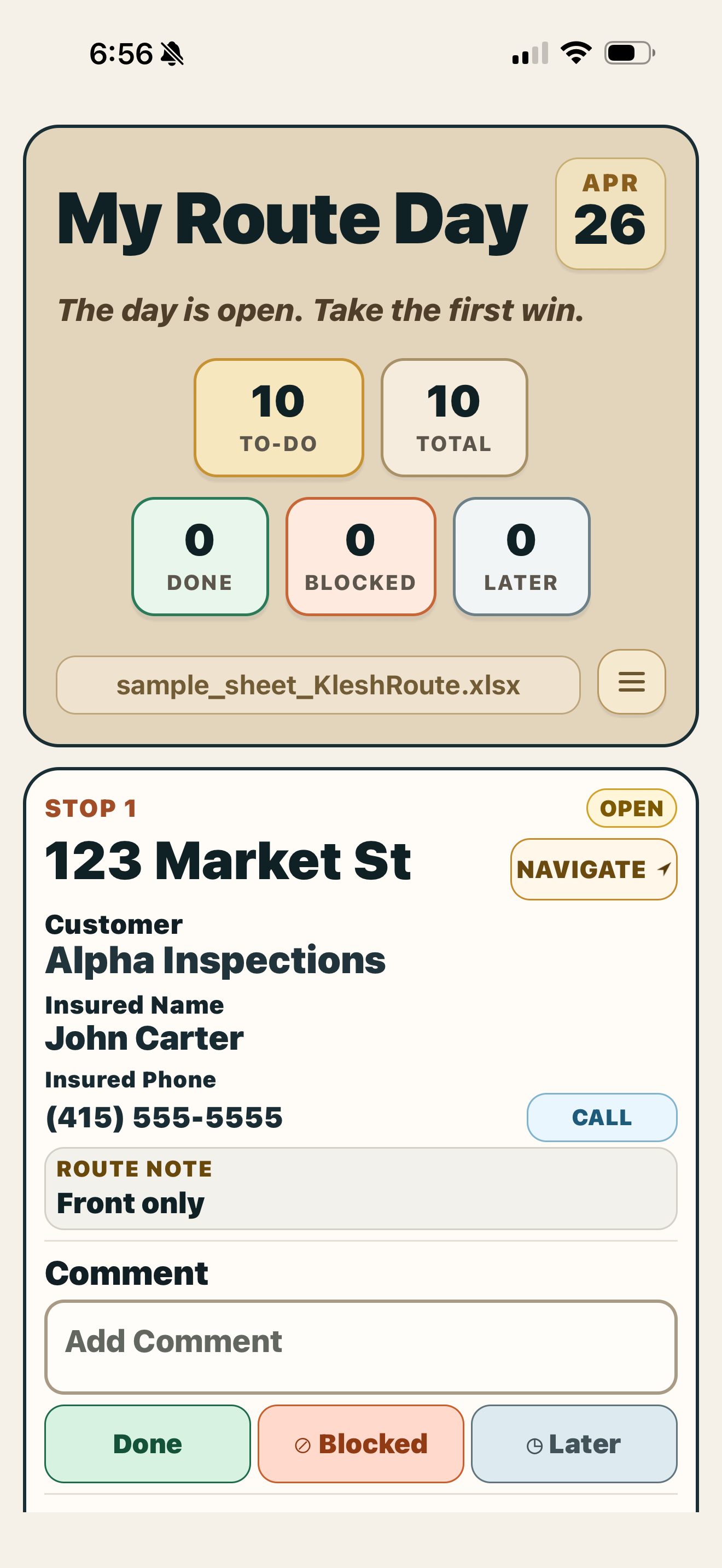 KleshRoute My Route Day dashboard with the first stop loaded on iPhone